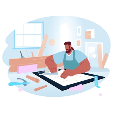 An artisan is focused on crafting a custom picture frame in a woodworking shop. The artisan is wearing a work apron and is using a hand saw to shape a piece of wood. Surrounding the artisan are various woodworking tools such as chisels, a measuring tape, and a plane. Wooden shavings are scattered on the workbench, and there are wooden planks of different sizes propped against the walls. A large window allows natural light to flood the space, illuminating the details of the craftsmanship. In the background, there are completed frames hanging on the wall, showcasing different styles and designs.
