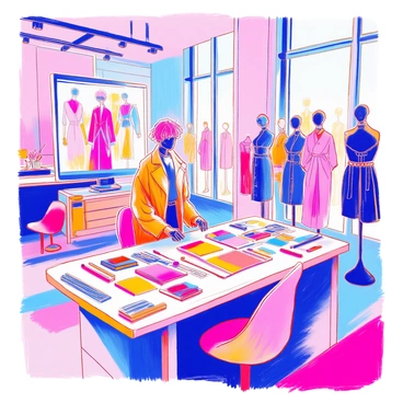 An AI system is positioned in a modern design studio, showcasing future fashion predictions on large screens. The screens display vibrant images of innovative clothing designs, which include sleek silhouettes and bold color combinations. Surrounding the AI system are design sketches and fabric swatches laid out on a large table. In the background, there are mannequins dressed in avant-garde outfits, and the studio features large windows that let in ample natural light. There are design tools scattered around, including markers and notebooks, adding to the creative atmosphere.