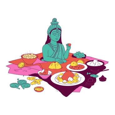 A teal onathappan figure is positioned at the center of a festive table, surrounded by an array of traditional sweets and snacks. The onathappan figure is adorned with intricate patterns and details, showcasing colorful decorations. The table is covered with a vibrant cloth, and there is an assortment of sweets, including yellow ladoos, white coconut bars, and orange halwa, arranged artistically around the figure. Various snacks are also present, such as teal murukkus and yellow banana chips, adding to the festive atmosphere. The scene conveys a sense of celebration and tradition, with each item carefully placed to enhance the visual appeal.