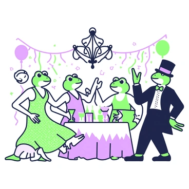 A lively party scene is unfolding in the 1920s. In the center, several frogs are dressed in flapper dresses and tuxedos, showcasing their vibrant outfits. One frog in a sparkling green flapper dress is twirling gracefully, while another frog in a classic black tuxedo is caught mid-dance with a top hat slightly askew. Around them, other frogs are clapping their webbed hands, immersed in the festive atmosphere. A grand chandelier hangs above, while a table is laden with drinks in elegant glassware. Streamers and balloons adorn the space, completing the celebratory ambiance.