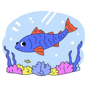 A friendly coelacanth with blue scales and bright orange fins swims gracefully through the water. The fish has big, expressive eyes that convey a sense of wonder. Around the coelacanth, colorful coral reefs are visible, teeming with small, vibrant fish. Sunlight filters through the water, creating dappled patterns on the ocean floor. In the background, soft, wavy seaweed sways gently, adding movement to the scene.