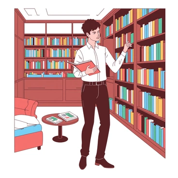 A person dressed in smart casual wear is browsing through the shelves of a bookstore. The individual is holding a book in one hand, examining the cover closely. The bookstore features tall wooden shelves filled with various books, with warm lighting highlighting the titles. In the background, there are small reading nooks with plush chairs and a coffee table stacked with magazines. The atmosphere conveys a sense of exploration and curiosity as the person scans the colorful book spines.