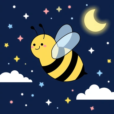 A cute, cartoon-like bee with bright yellow and black stripes is floating gracefully among twinkling stars. Its small wings are translucent and glimmering as they catch the light. The background is filled with various colorful stars, some are yellow, others are blue and pink, creating a playful atmosphere. The bee has a cheerful expression, and its tiny antennae are pointed upwards, adding to its whimsical appearance. The space scene includes a soft, glowing moon in the corner, surrounded by fluffy white clouds drifting through the starry night.