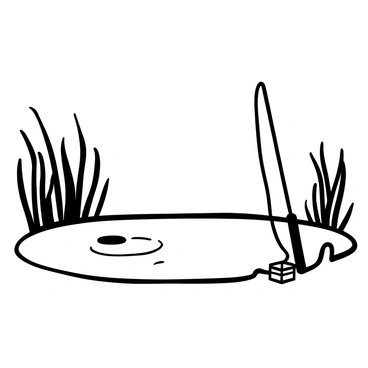 A fishing pole resting upright on the edge of a peaceful pond, set against a backdrop of tall reeds swaying gently in the breeze. The surface of the pond is smooth, reflecting the surrounding vegetation. A small wooden tackle box lies nearby on the grassy bank of the pond. The overall composition captures a sense of stillness and calmness in nature.