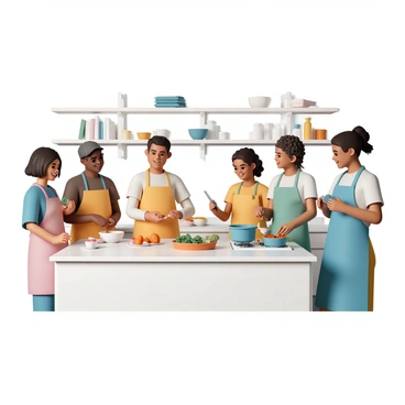A group of six people, wearing colorful aprons, gathered around a large kitchen island filled with various ingredients. Each person is engaged in different tasks; one is chopping sweet potatoes, another is stirring a pot on the stove, while a third is measuring spices. The kitchen has bright overhead lights illuminating the space and shelves stocked with cookbooks and utensils. Everyone is smiling, and a woman with curly hair is demonstrating a technique, while a man with glasses is taking notes. A bowl of finished sweet potato mash sits in the center of the island, ready for tasting.