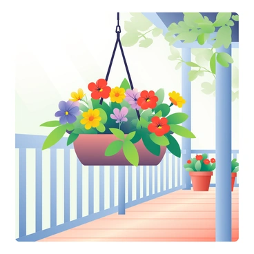 A hanging planter filled with a variety of blooming flowers is suspended from the ceiling of a porch. The planter features vibrant flowers such as red geraniums, yellow marigolds, and purple petunias, all in full bloom. The greenery of the leaves provides a fresh contrast to the colorful petals. The porch has wooden flooring and a rustic railing, and sunlight filters through the surrounding foliage, creating a warm atmosphere. In the background, there are hints of potted plants lining the porch, adding to the inviting scene.