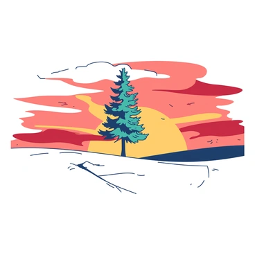 A white minimalist landscape stretches across the scene, featuring a single teal tree standing tall on the horizon. The sky above is filled with vibrant shades of orange and red as the sun sets, casting a warm glow that highlights the contours of the tree's branches. Below, the ground is smooth and bare, emphasizing the solitude of the solitary tree against the vivid backdrop.