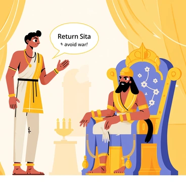 Vibhishana, a tall figure dressed in traditional attire, stands with a serious expression as he pleads with Ravana. Ravana, a powerful demon king with a fierce appearance, is seated on a grand throne adorned with intricate designs. The two are surrounded by the opulent decor of a royal palace. Vibhishana gestures with one hand, urging Ravana to reconsider his actions. In the background, flickering oil lamps cast a warm glow, highlighting the tension in the scene. "Return Sita to avoid war," Vibhishana implores, as a sense of urgency fills the air.