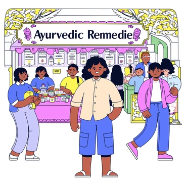 A traveler with shoulder-length black hair is standing in a vibrant village market in India. The traveler is wearing a light-colored linen shirt and cargo shorts. Around them are various stalls adorned with colorful fabrics, spices, and herbs. A vendor is showcasing jars of different Ayurvedic herbs and oils, with labels written in both English and Hindi. The background features traditional Indian architecture with intricate designs, and there are other shoppers interacting with the vendors. The atmosphere is lively, filled with the scent of spices and the sounds of people chatting. A large sign above one stall reads "Ayurvedic Remedies," decorated with floral motifs.