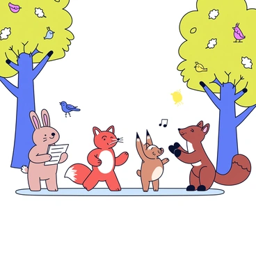 A group of various animals in a forest setting. A rabbit stands on its hind legs, holding a small sheet of music. Next to the rabbit, a fox tilts its head back, opening its mouth in song. A squirrel with a bushy tail raises its paws in the air, as if conducting the choir. A deer, standing elegantly in the background, listens attentively. The trees in the forest are tall and lush, with vibrant green leaves, and soft sunlight filters through the branches, casting gentle shadows on the ground. A few colorful birds perch on the branches, adding to the lively atmosphere.