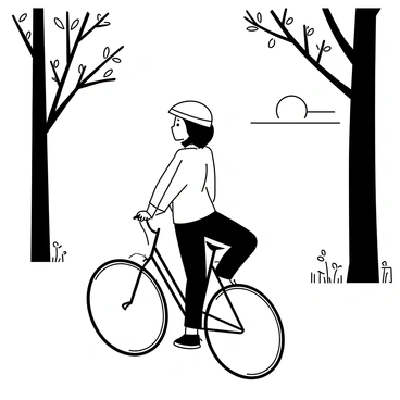 A person riding a bicycle along a path surrounded by tall trees. The bicycle has thin tires and a comfortable seat. The rider is wearing a fitted helmet and casual clothing, with both hands gripping the handlebars. The trees on either side of the path have detailed bark and leaves. In the background, the sun is low in the sky, casting elongated shadows on the ground. The leaves are shown in motion, indicating a gentle breeze as they sway lightly. The atmosphere suggests a peaceful evening.