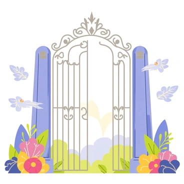 A grand gate made of ornate silver with intricate designs stands tall, partially opened to reveal a glimpse of a hidden realm beyond. The gate is surrounded by lush greenery and vibrant flowers in various colors. Ethereal spirits, resembling wispy figures with glowing outlines, float around the gate, each adorned with delicate patterns. The spirits have serene expressions and are engaged in protecting the entrance. Soft light emanates from beyond the gateway, hinting at a magical landscape filled with swirling colors and soft shadows.
