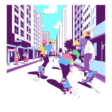 A group of skateboarders is racing down a steep city hill, surrounded by tall buildings on either side. The skateboarders are of various ages and ethnicities, showcasing diverse styles. They are dressed in colorful clothing and protective gear, with some wearing bright helmets. The skaters are performing various tricks, such as mid-air flips, grinds on the edge of the pavement, and stylish jumps. The wheels of their skateboards are kicking up small clouds of dust and debris as they accelerate. A few spectators are positioned along the sidewalk, cheering and capturing the action on their phones. The sky above is clear, and the sun casts sharp shadows on the pavement.