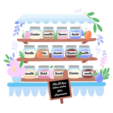 A farmers market stall displays an array of jars filled with homemade "crème brûlée" in various flavors such as "vanilla," "chocolate," and "lavender." The jars are neatly arranged on wooden shelves, showcasing their smooth, creamy textures. In front of the jars is a small chalkboard sign listing the different flavors with decorative lettering. Fresh fruits and herbs are placed nearby, enhancing the colorful presentation. The stall is adorned with vibrant tablecloths and rustic decorations that complement the homemade theme. Bright flowers are included in the arrangement, adding to the lively atmosphere of the market.