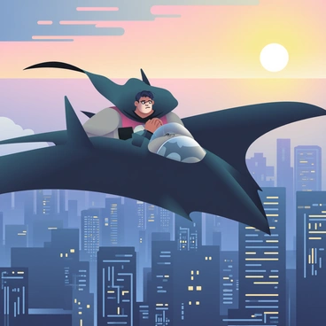 Batman, with a dark cape flowing behind him, is piloting the Batwing, a sleek and angular aircraft, soaring through the sky above Gotham City. The Batwing has sharp edges and is painted in deep black and gray tones. Below, the sprawling cityscape of Gotham is visible, featuring tall skyscrapers and intricate architectural details. The sun is rising on the horizon, casting a warm, golden light that contrasts with the cool colors of the city. The sky transitions from dark blue to soft orange and pink hues, illuminating the clouds. The Batwing's cockpit is lit up with controls, and Batman's determined expression is visible as he navigates the aircraft.