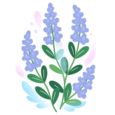 A sage plant with vibrant green leaves is prominently displayed, showcasing its sturdy stems. The plant features multiple "purple flower spikes" that are in full bloom, each spike adorned with clusters of flowers. Surrounding the sage plant, a soft gradient of pastel colors enhances the visual appeal, creating a gentle backdrop that complements the hues of the flowers. The leaves have a slightly textured appearance, adding depth to the illustration.