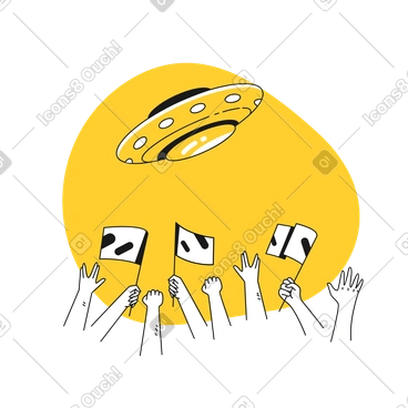 People waving flags at ufos animated illustration in GIF, Lottie (JSON), AE
