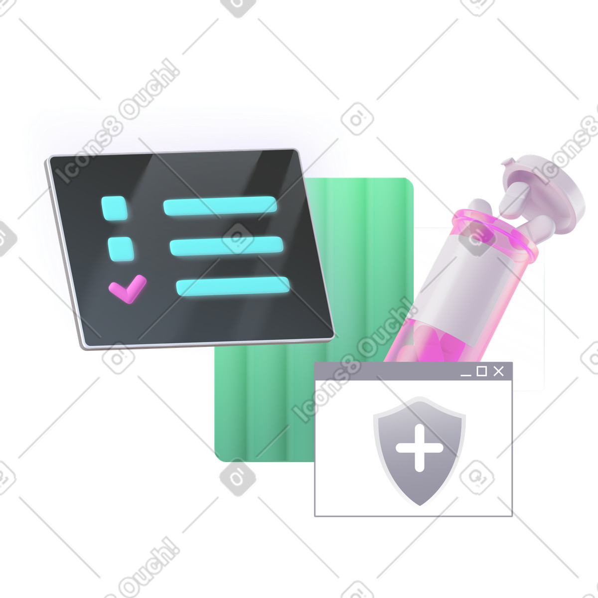 Formular für die krankenversicherungsabrechnung und tabletten-Illustration im Chromed-Stil als Download in PNG, SVG