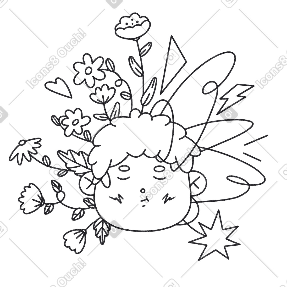 Illustration Sensibilisation à la santé mentale avec des fleurs et du tonnerre dans le style Bonbon Line télécharger aux formats PNG, SVG