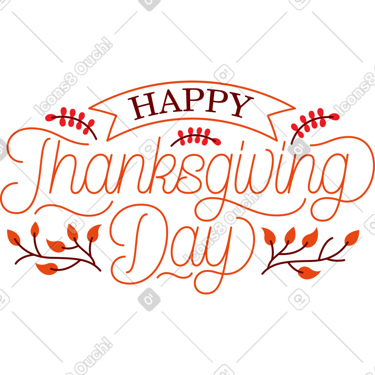 Illustration Lettrage happy thanksgiving day avec un texte de branche et baies dans le style Lettering à télécharger aux formats PNG, SVG