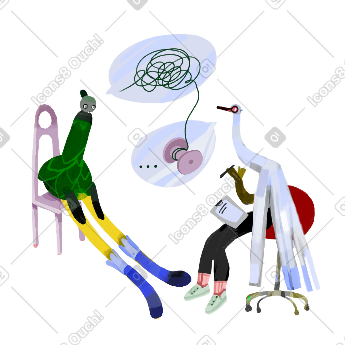 Ilustración Terapeuta ayudando a un cliente confundido en una sesión estilo Atomic descargar PNG y SVG