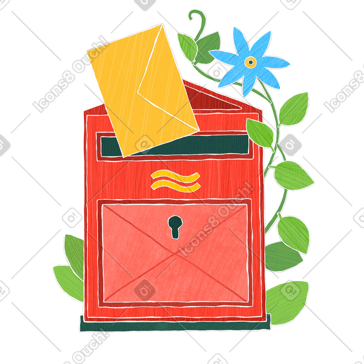 Letter was received in a red mailbox with flowering weaving plant illustration Crafty style download PNG, SVG