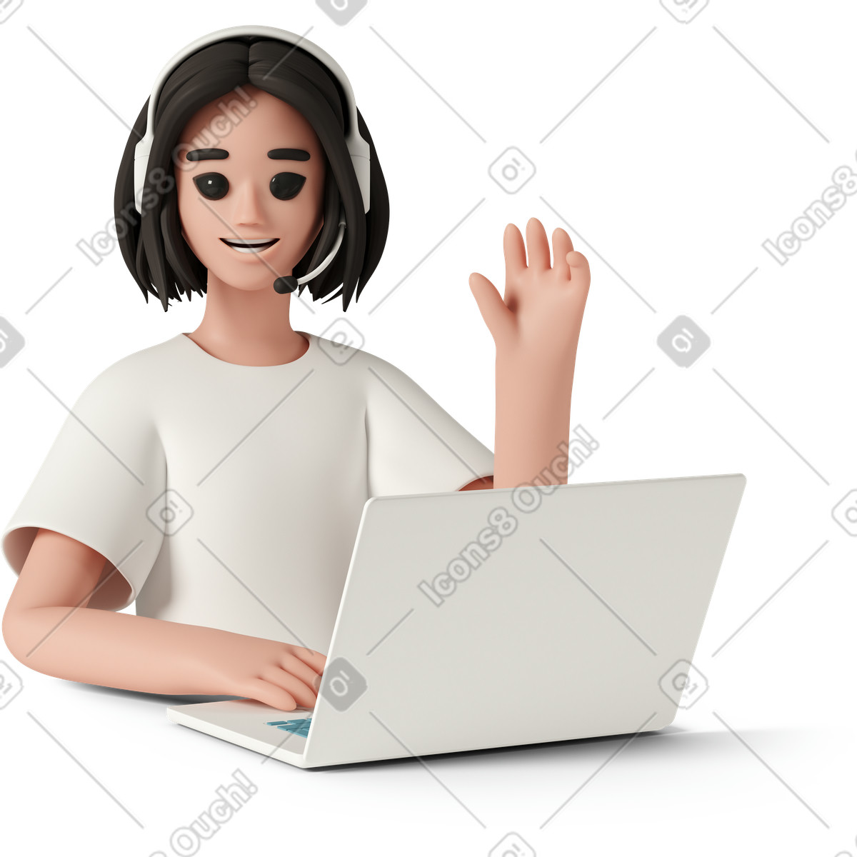 3D Casual life スタイルの Smiling support agent with headset at laptop, remote helpdesk, technical のイラストをPNG、SVG形式でダウンロード