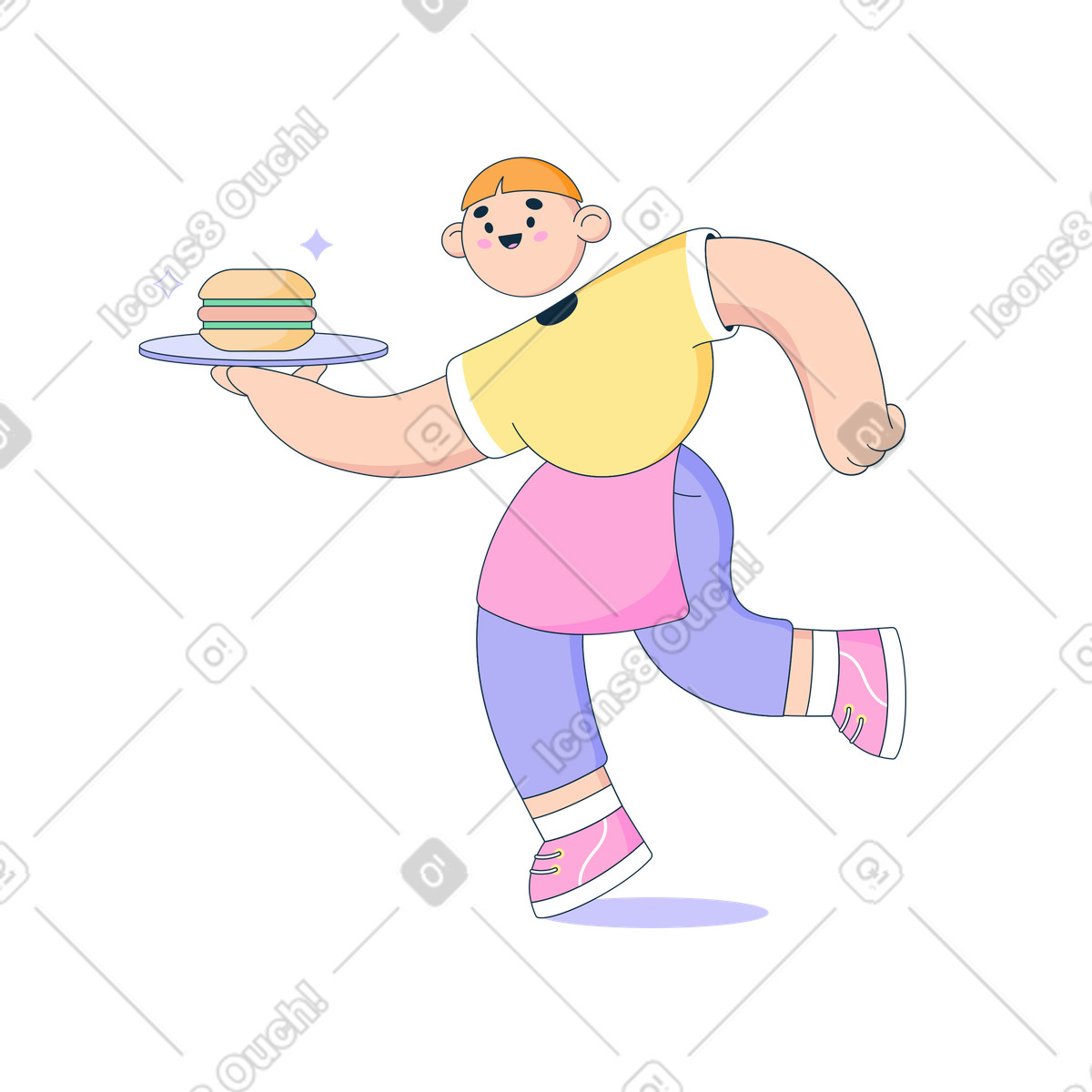 Waiter carries a tray with hamburger illustration in Bubble gum style download in PNG, SVG