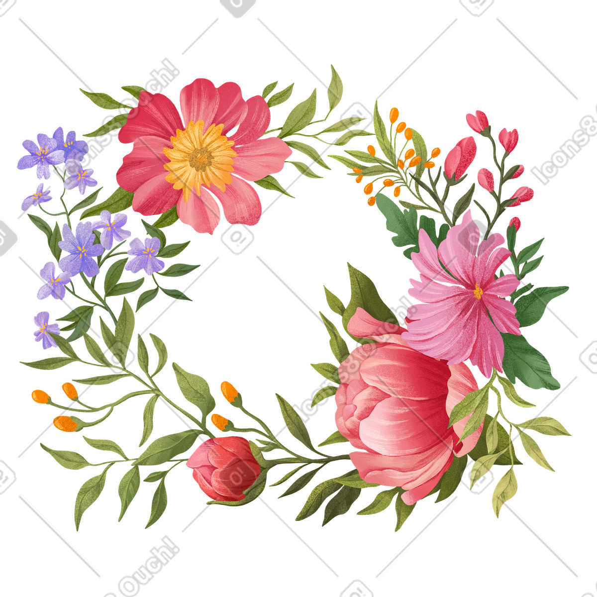 Floral 스타일의 화환에 다양한 색상의 꽃 일러스트레이션 PNG, SVG 다운로드