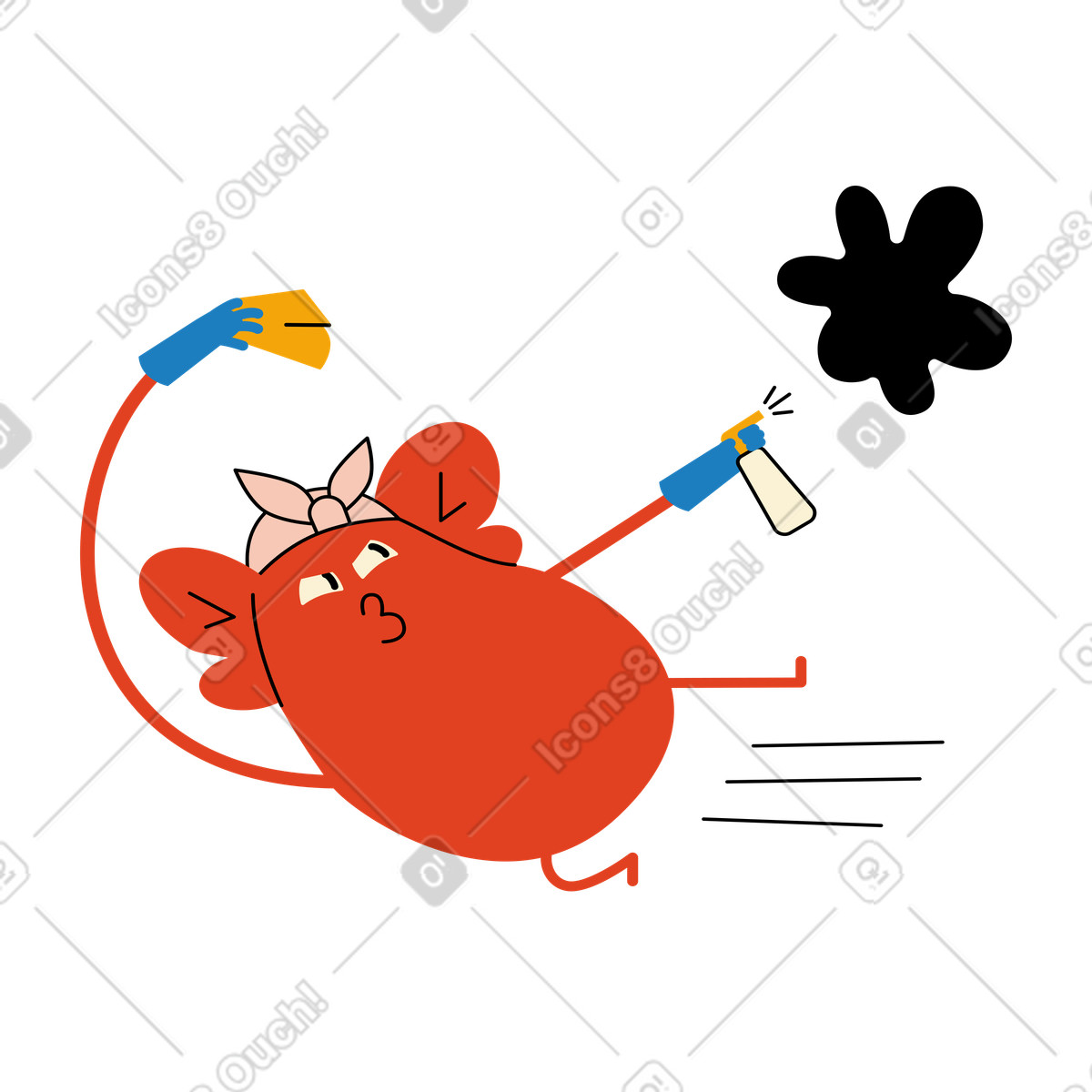 Personaggio che pulisce una macchia nera con straccio e spray illustrazione in stile Jelly scarica in PNG, SVG