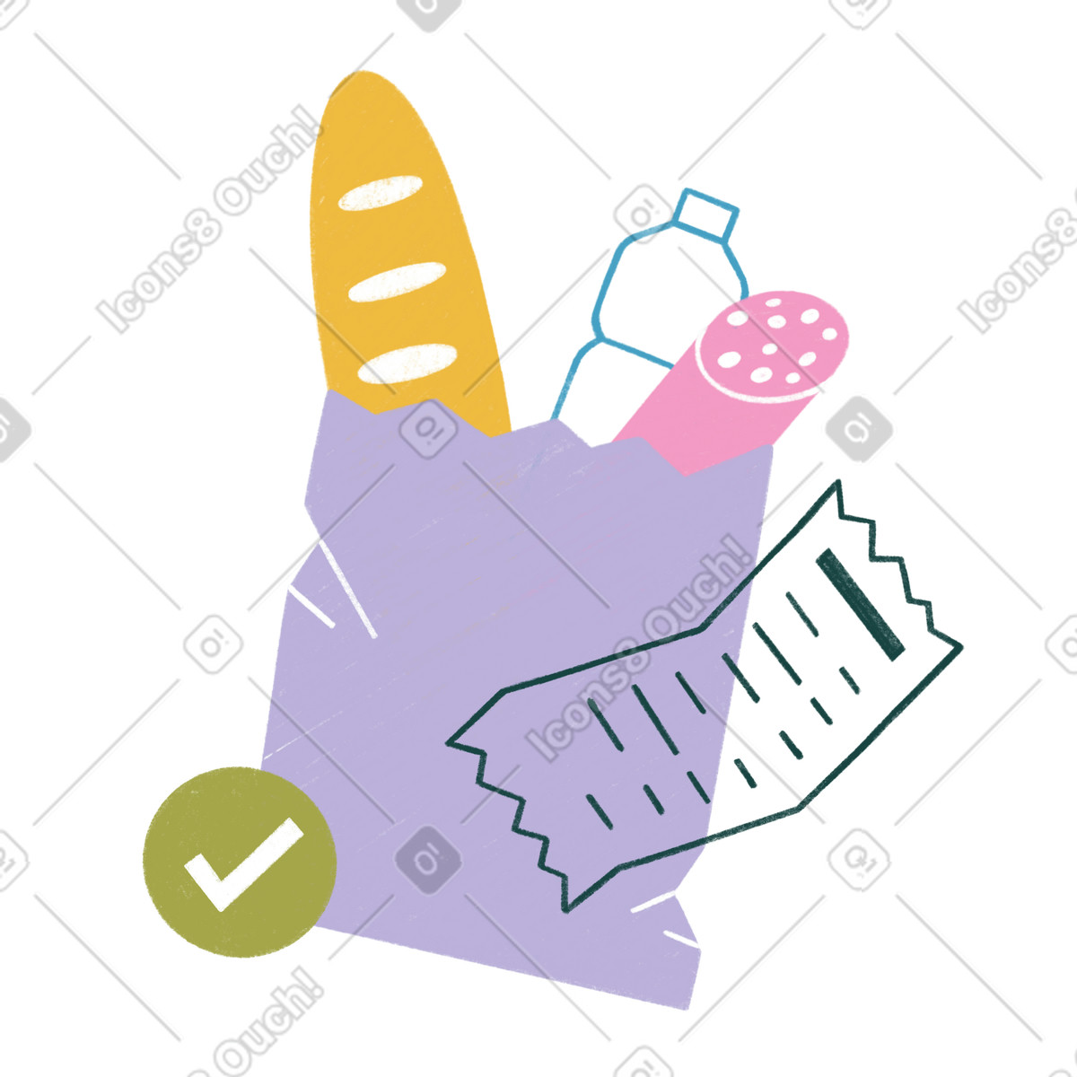 Ilustração de Saco papel com produtos e recibo mercearia em no estilo Tutti para baixar em PNG, SVG
