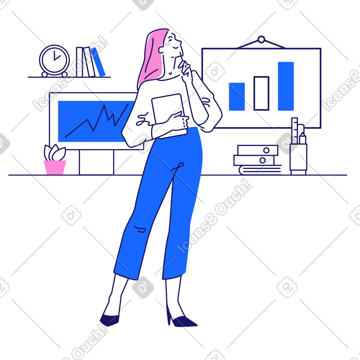 Thoughtful girl in the office illustration Matey style download PNG, SVG