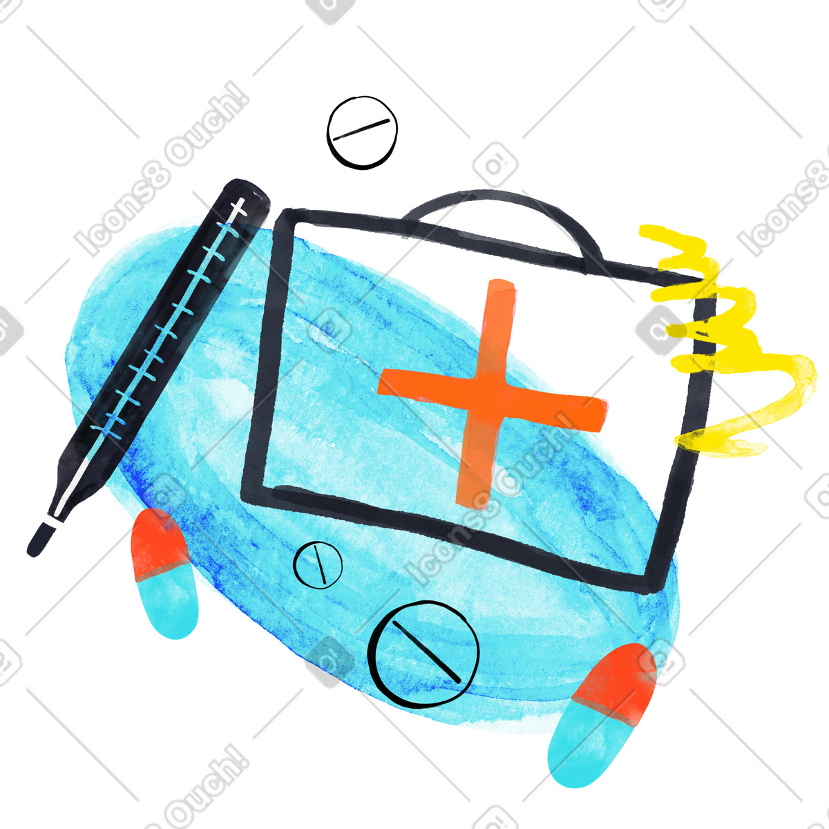 Medicine box with pills and thermometer illustration in Inky style download in PNG, SVG