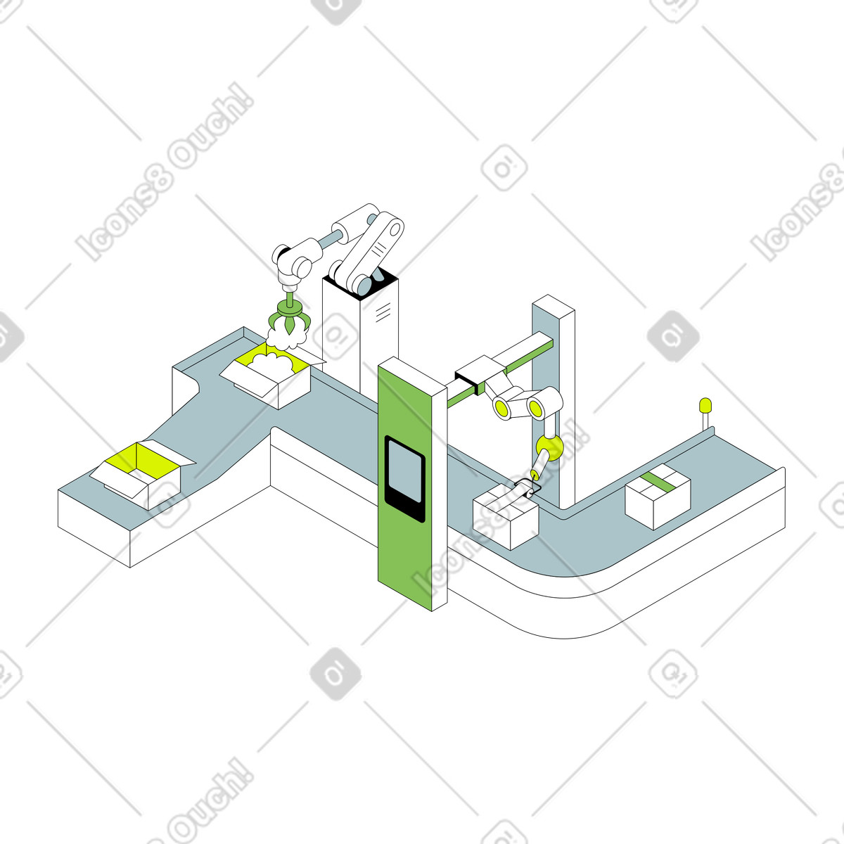 Automatic product packaging animated illustration in Isometric style download in GIF, Lottie (JSON), AE