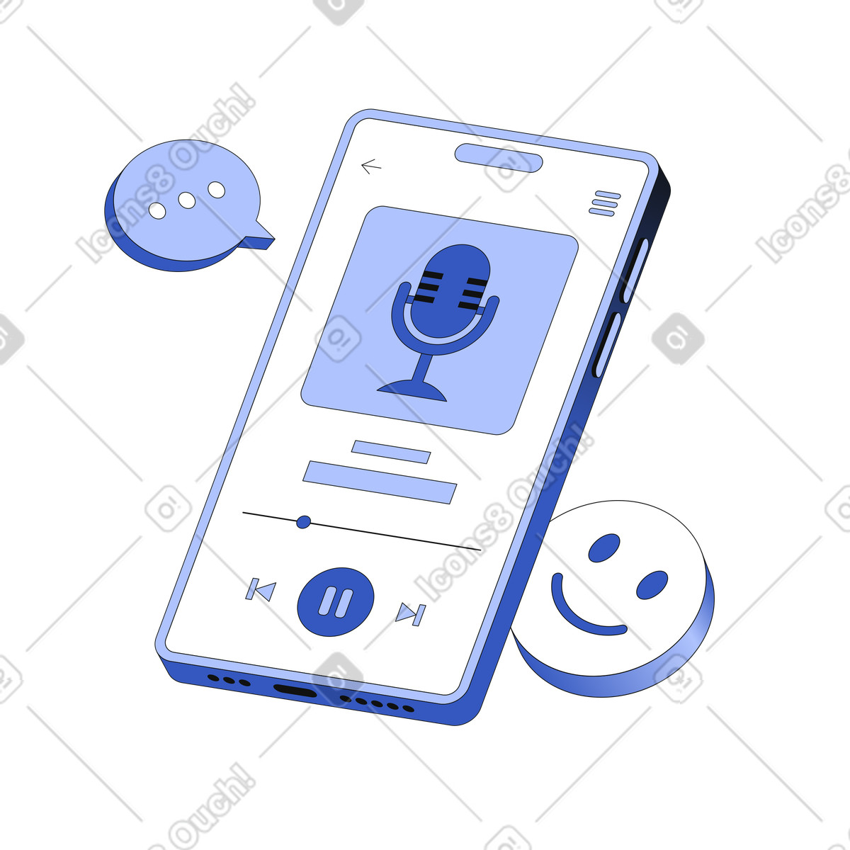 Illustration Écouter un podcast dans une application mobile le style Techny à télécharger aux formats PNG, SVG