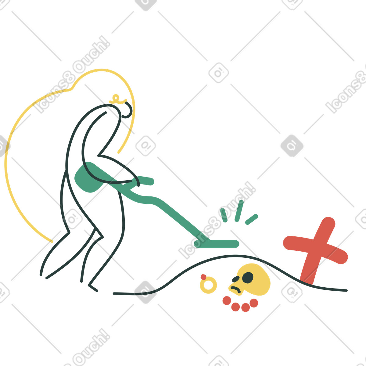Woman huting for treasure with metal detector illustration in Macaroni style download in PNG, SVG