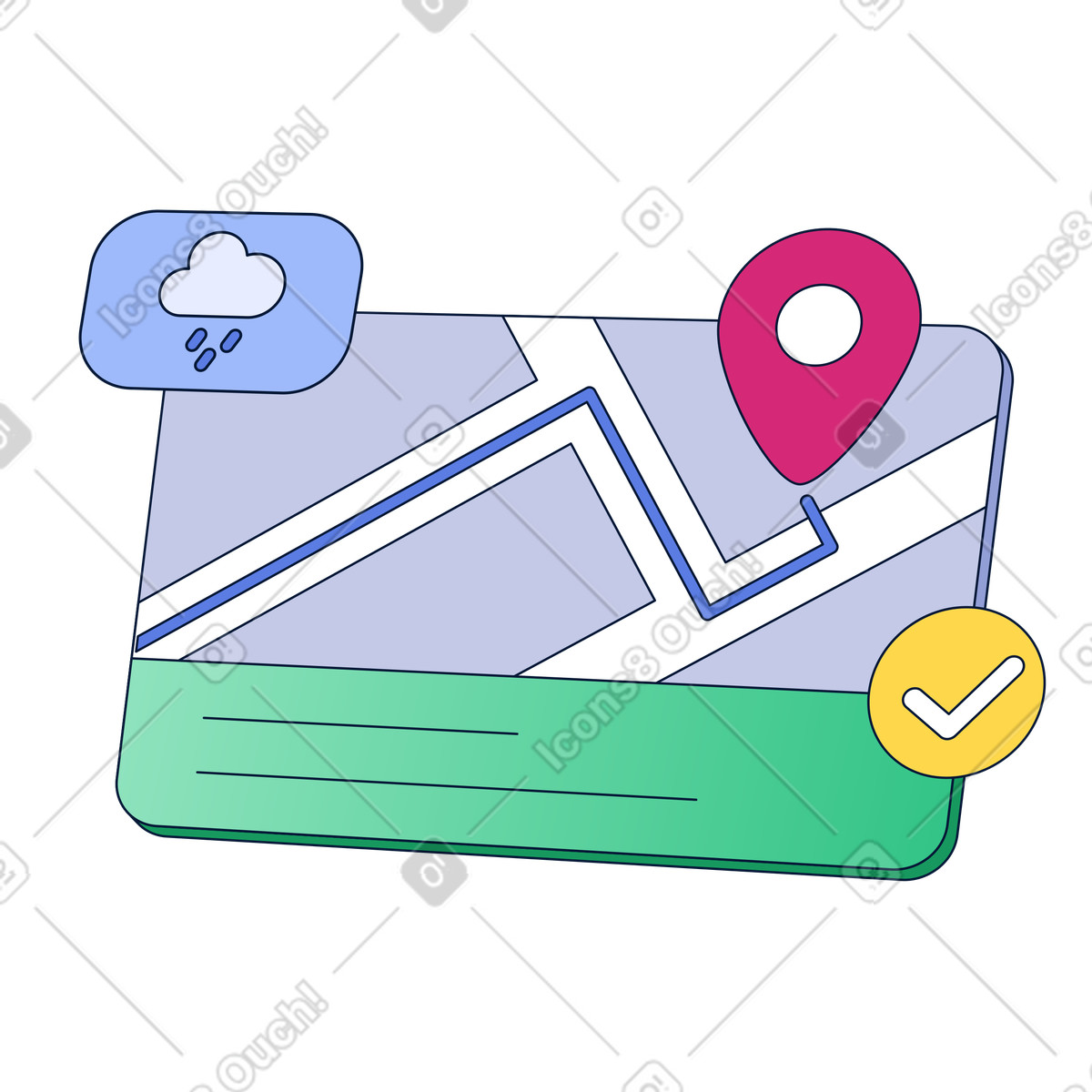 Digital map with route and weather widget, trip planning and navigation illustration in PNG, SVG