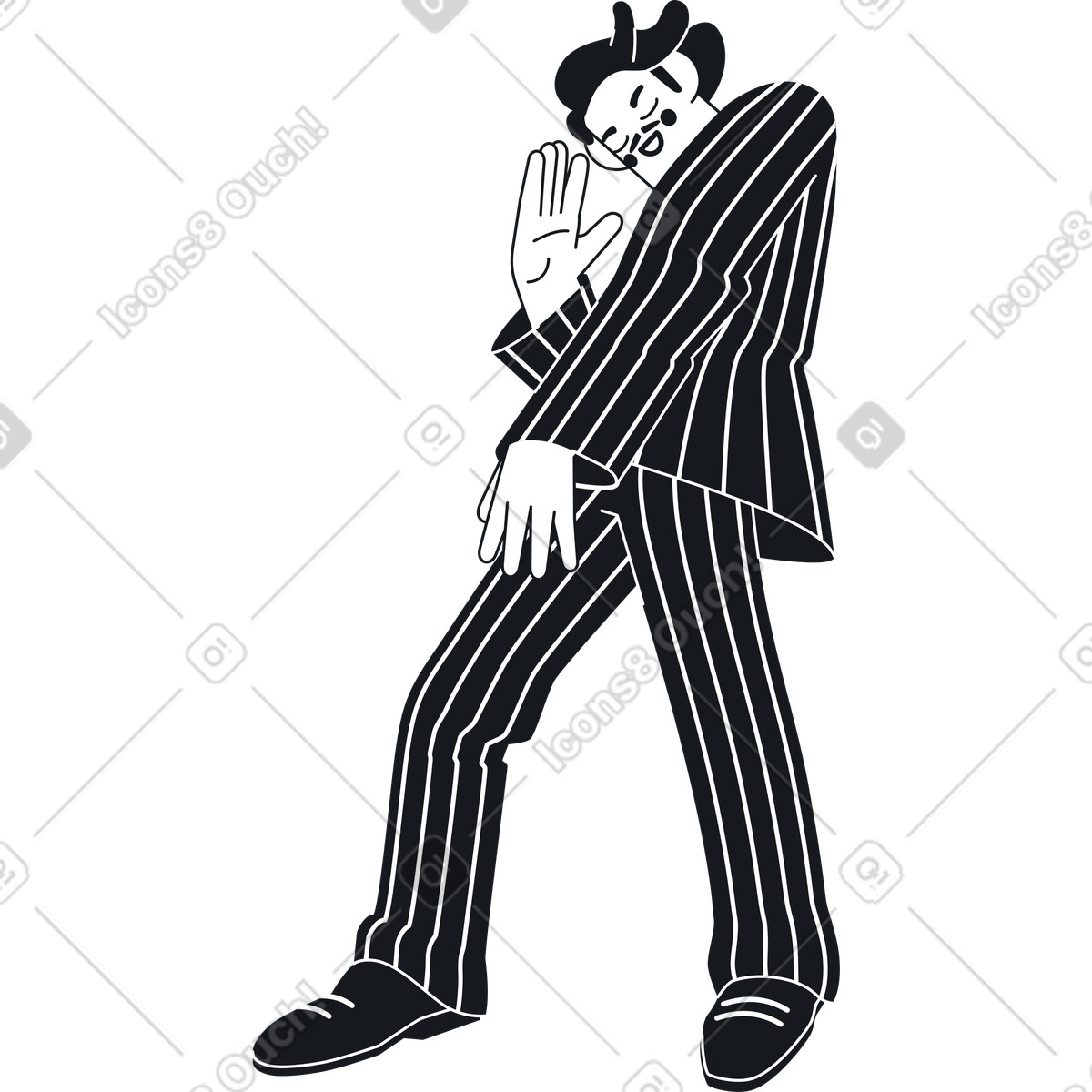 Illustration Homme avec moustache en costume rayé noir train de danser dans le style Breeze à télécharger aux formats PNG, SVG
