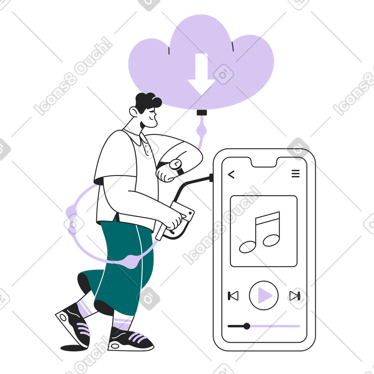 Guy scarica dal cloud sul suo telefono illustrazione in stile Sammy Line in PNG, SVG