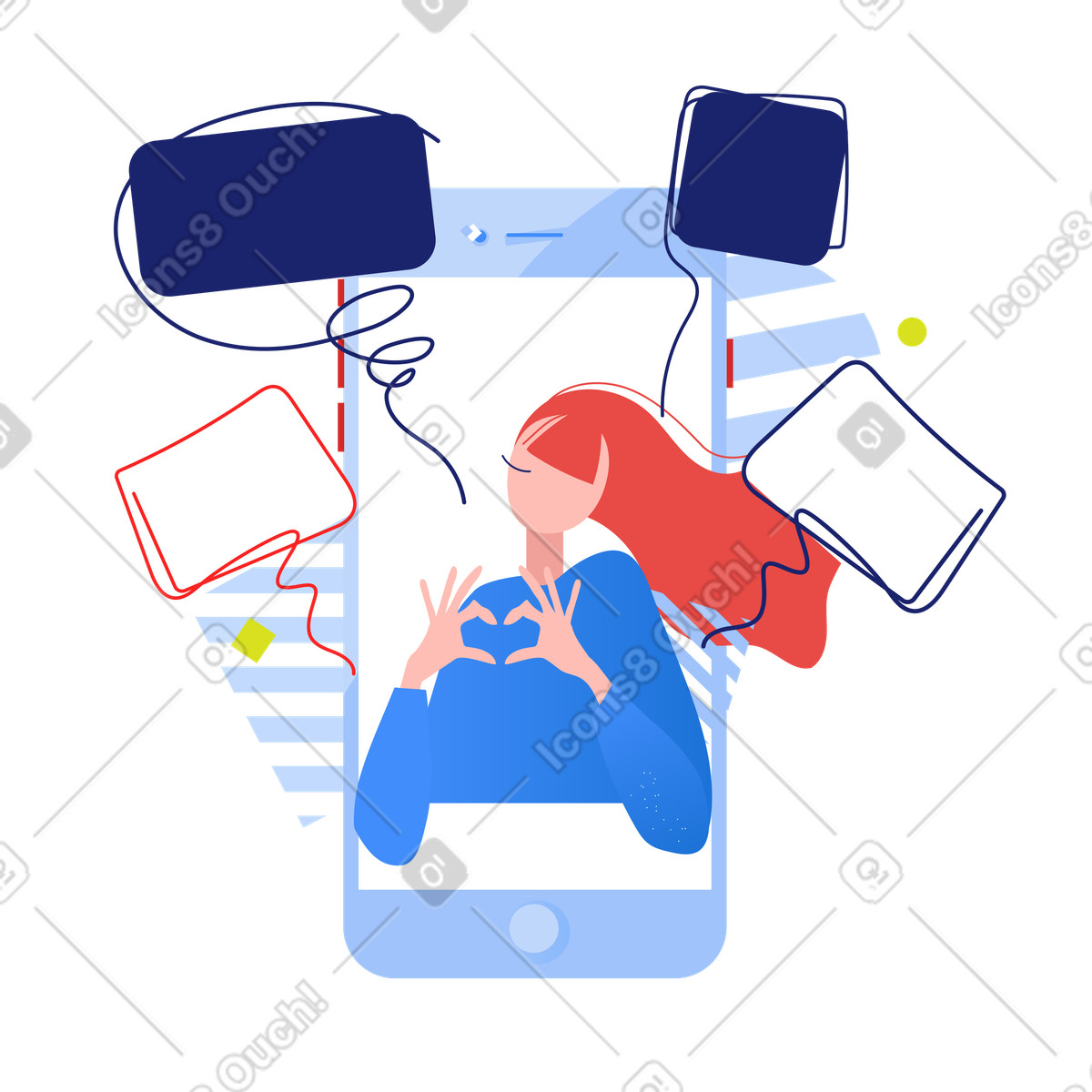 Influencer femminile che mostra le mani del cuore nei commenti illustrazione in stile Clip scarica in PNG, SVG