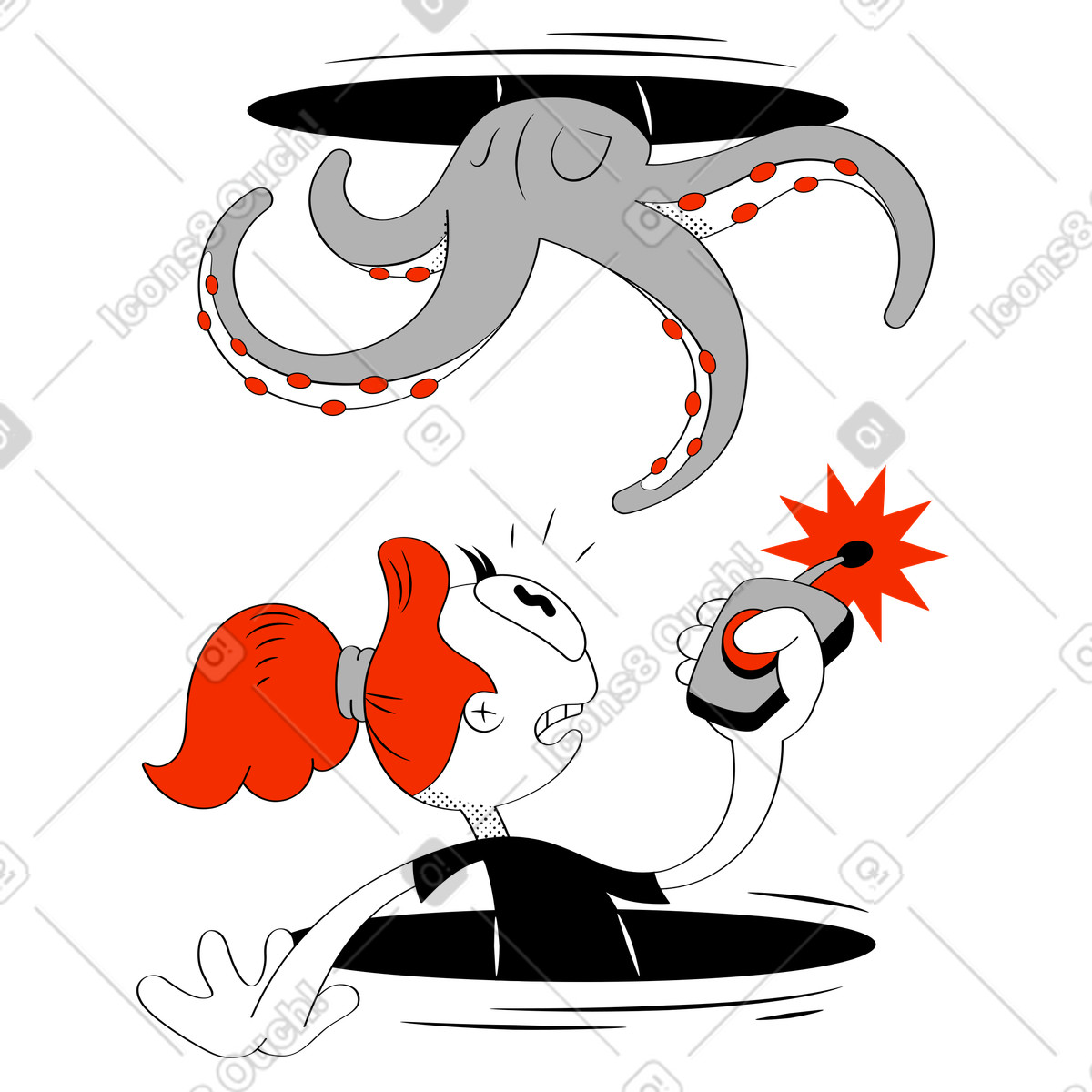 Illustration Teleportation failure, Connection lost or bad gateway error dans le style Looney à télécharger aux formats PNG, SVG
