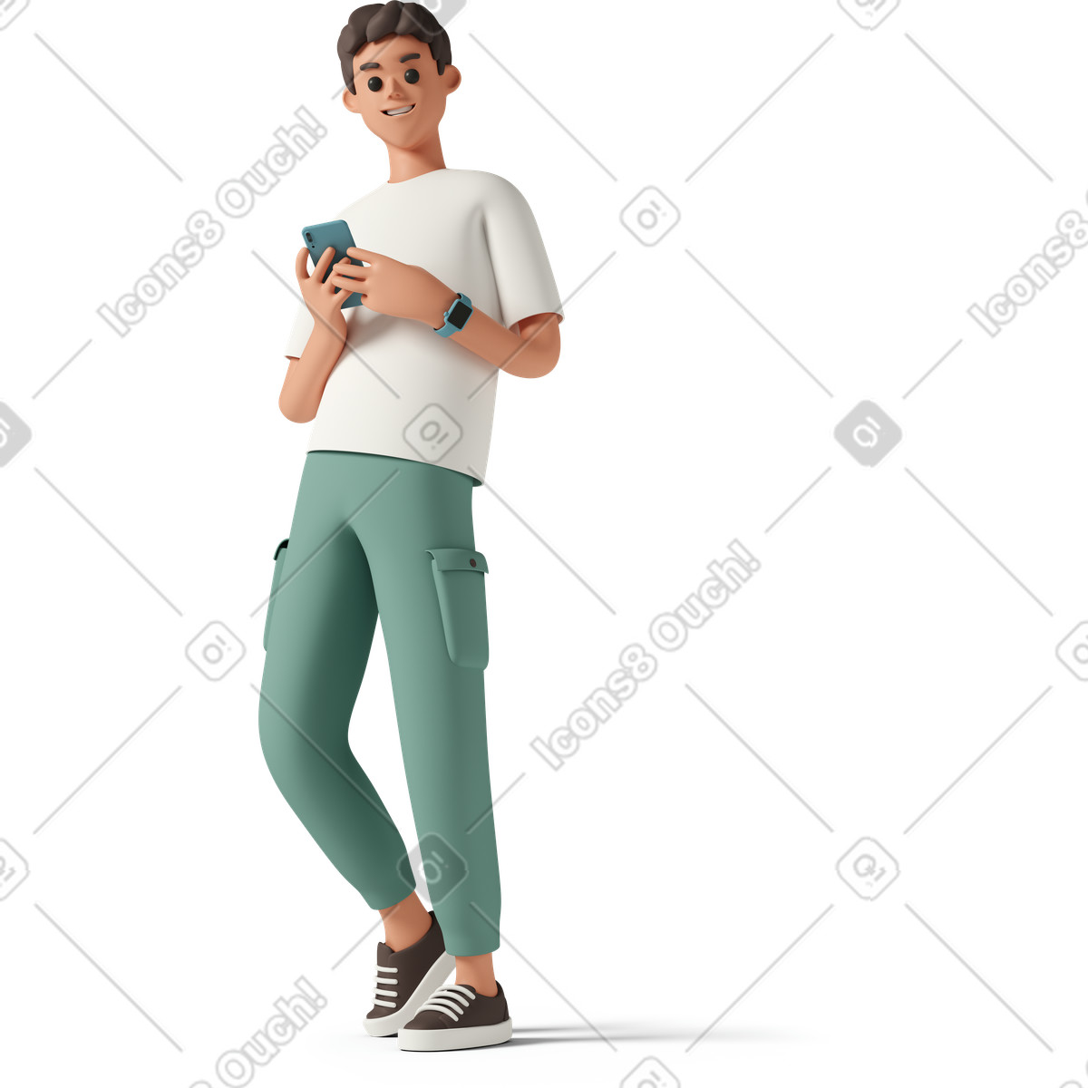 Young man smiling and holding smartphone-Illustration im 3D Casual life-Stil als Download in PNG, SVG