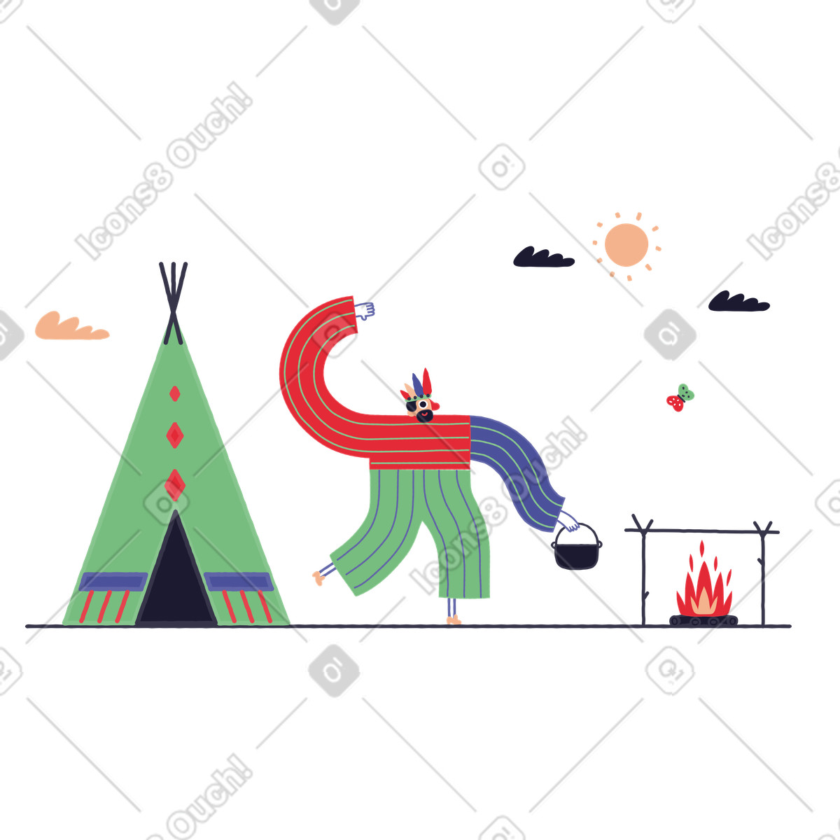 Indigenous man living in traditional teepee illustration Stripy style download PNG, SVG