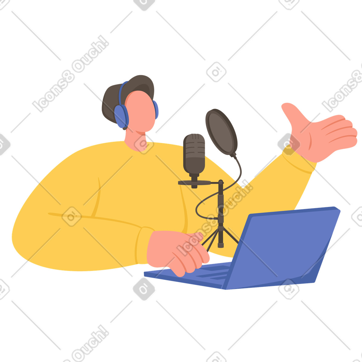 Ilustração animada de Homem com microfone hospedando um podcast em no estilo Social para baixar em GIF, Lottie (JSON), AE