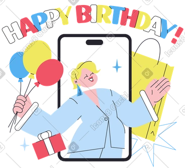 Lettering Happy Birthday with girl in phone and gifts text PNG, SVG