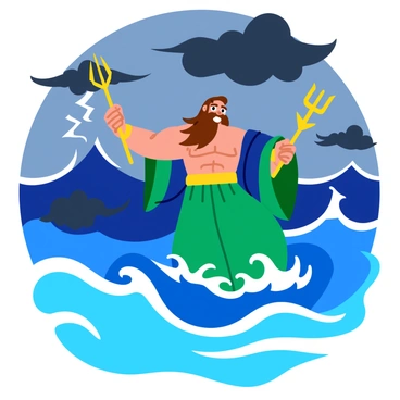 "Poseidon" stands majestically, his muscular form draped in flowing blue and green robes that mimic the waves of the ocean. His long hair and beard are billowing as if caught in a fierce wind. In one hand, he holds a golden trident raised towards the sky. Above him, "dark clouds" swirl ominously, casting shadows over the turbulent seas below. The water churns violently, with waves crashing and foaming as they rise. Lightning strikes in the distance, illuminating the scene with brief flashes of bright light. The atmosphere is charged with energy as the storm begins to unfold.
