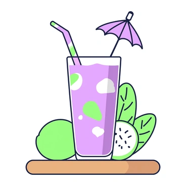 A tall glass filled with a jackfruit smoothie sits on a wooden table. The glass has a smooth surface and a condensation effect on the outside. A colorful straw is inserted into the smoothie, and a small paper umbrella is perched on the rim, adding a festive touch. The smoothie has a thick and creamy texture, and pieces of jackfruit are visible within. In the background, there are subtle hints of tropical greenery, creating a refreshing ambiance.