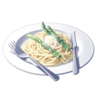 A close-up of a white plate filled with creamy pasta. The pasta is twirled together and topped with a generous amount of freshly grated "parmesan cheese." Several pieces of "asparagus" are artfully arranged on top, their vibrant green color contrasting with the creamy texture of the sauce. The dish is garnished with a sprinkle of additional "parmesan cheese," and a fork rests beside the plate, ready to be used. The background is simple, focusing the viewer's attention on the delicious presentation of the pasta dish.