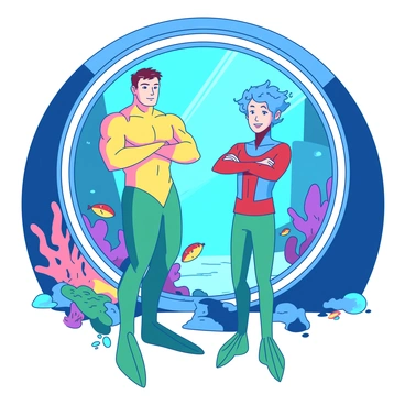 Mermaid Man and Barnacle Boy are standing confidently in their underwater headquarters. Mermaid Man, wearing a green and yellow costume, has his hands on his hips, showcasing his muscular build. His bright orange fins are visible, accentuating his powerful stance. Next to him, Barnacle Boy, dressed in a blue and red costume, strikes a dynamic pose with his arms crossed, displaying a determined expression. The underwater headquarters is filled with colorful coral and fish swimming around, adding vibrancy to the scene. A large circular window reveals a view of the ocean outside, with rays of light filtering through the water.