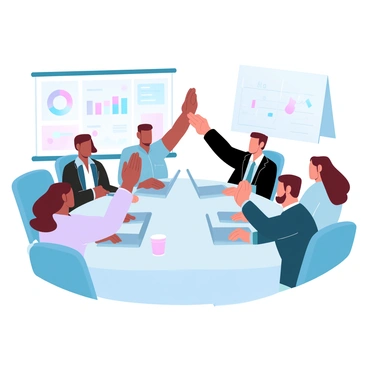 A diverse team of professionals is gathered around a conference table, engaged in a moment of celebration as they high-five each other. The group consists of individuals of various ethnicities and backgrounds, wearing business attire including blazers, shirts, and smart casual wear. The conference table is adorned with laptops, notepads, and coffee cups. A large whiteboard filled with charts and notes is positioned in the background, showcasing their hard work and collaboration. The atmosphere is vibrant and energetic, emphasizing teamwork and success.